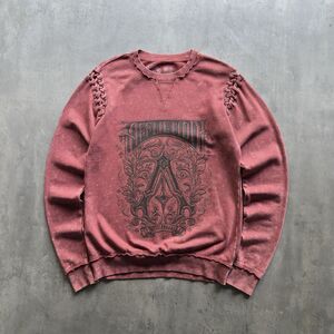 Affliction Live Fast Womens M Red Acid Wash Lace Up Shoulder Sweatshirt